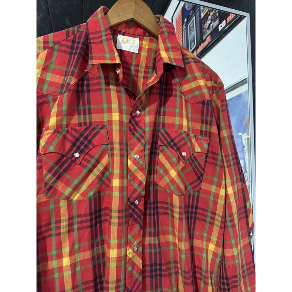 Vintage 1970s Dickson-Jenkins DJ Red Plaid Snap Button Shirt Size XL